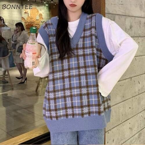 Sweater Vest Women Plus Size 3XL Autumn Preppy Style Knitting V-Neck Outerwear Teens Sleeveless All-match Plaid Clothing College