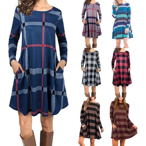 Autumn Spring Women Ladies One Piece Dress Crew Neck Long Sleeve Colorful Printing Big Hem Warm Top Skirt Suit kobieta sukienka
