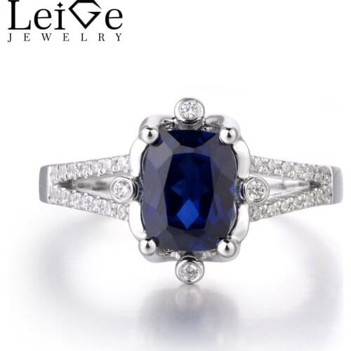 LeiGe Jewelry Lab Blue Sapphire Gem September Birthstone Cushion Shape Engagement Ethnic Rings For Woman 925 Sterling Silver