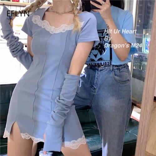 Women Short Mini Dress Spring Summer Tight Bodycon Dress Square Collar Lace Patchwork Slim Retro Dress Short Sleeves Knit Dress