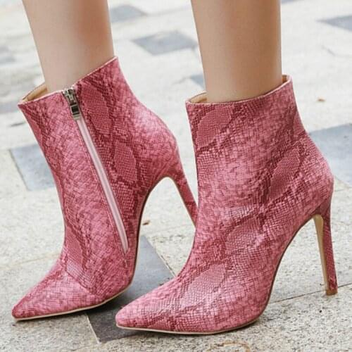 Winter women boots snake ladies fashion Ankle short lady snake print high thin heel boots pointed toe warm new style sexy shoes
