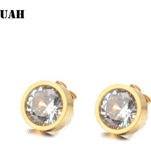 UAH 1 Pair Gold Color Round Stud Earrings For Women CZ AAA Zircon Ear Studs Surgical Steel Jewelry Women Girl Gift