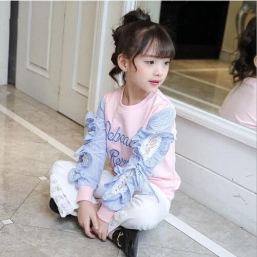 2021 Korea style girls patchwork t-shirt ruffles cotton fashion spring girls sweatshirt 4-9t A171