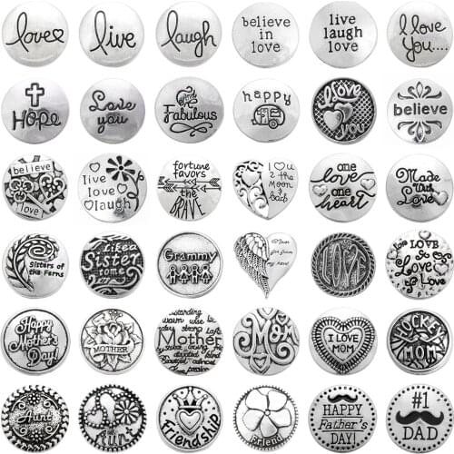5pcs/lot Laugh Live Love Snap Jewelry 18mm Snap Buttons Vintage Metal Mom Dad Friend Believe Button Charm Fit Snap Bracelet
