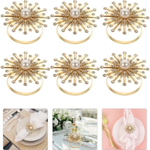 6Pcs Rhinestone Pearl Napkin Rings Sunflower Napkin Buckles Table Accessories
