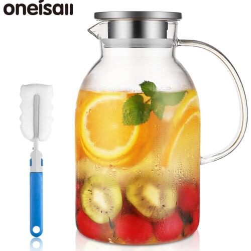 Large Glass Water Jug With Stainless Steel Lid Iced Tea Pot Juice Carafe Heat Resistant Kettle Beverage Container 2200ml