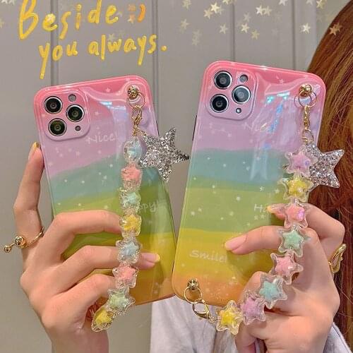 Rainbow Crystal Stars Chain Case For iPhone 12 Pro Max 8 7 Plus X XR Strap Soft IMD Coloful Bling Cases For iPhone 11 Pro Max