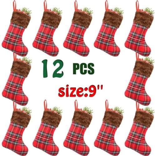 Santa Stocking 12 pcs Santa Sacks Stocking Plush Christmas Stockings Buffalo Plaid Xmas Gift Bag Small New Year Decoration Socks