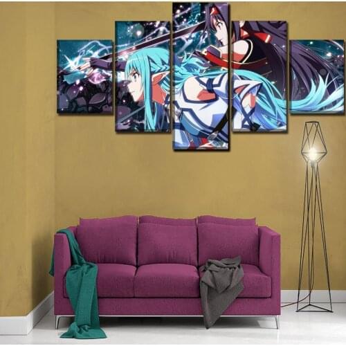 Home Decor Wall Art Canvas Paintings 5 Pieces Sword Art Online Pictures Hd Prints Modern Anime Poster For Bedroom Modular Framed