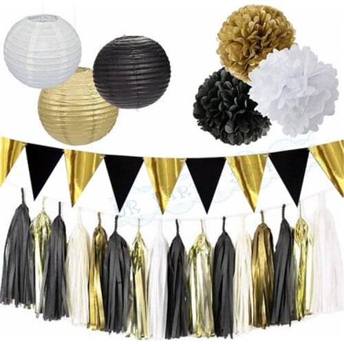 2 Sets Mixed Black Gold Bunting White Gold Tissue Pom poms Tassel Garlands Lanterns for Birthday Wedding New Year Party Decor