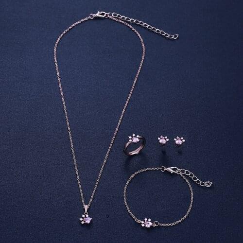 4pcs/set Pet Animal Footprints Paw Jewelry Set Women Chain Necklace Bracelet Ring Drop Earing Set Jewelry Kits Decor Gifts