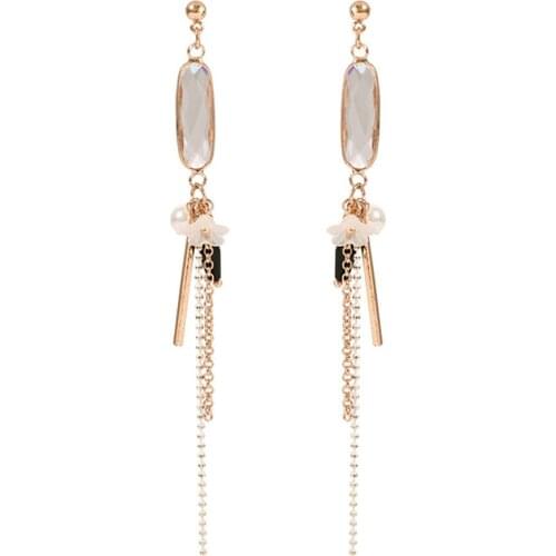 CRLEY Long Tassel Cute Lucky Flower Drop Earring White Flower Simulated Pearl Gold Color Chain Dangle Earrings Fashion Jewelry