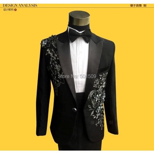 Free shipping mens black floral sequins glitter embroidery tuxedo suit/stage performance jaceket with pants