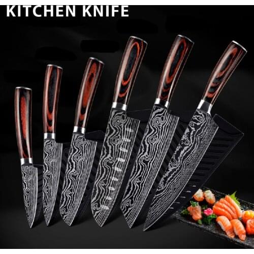 Laser Damascus Pattern Chef Knife with Knife Cover Drawing Slicer Meat Fruits Cleaver Fruit Knife Set