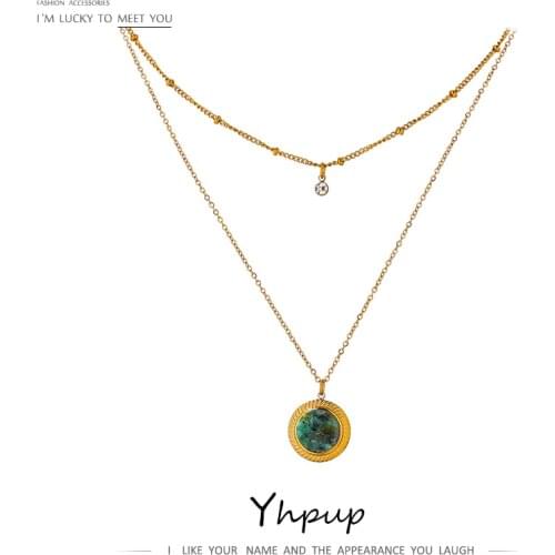 Yhpup Exquisite Round Natural Stone Layered Pendant Necklace High Quality Stainless Steel Collane Donna Statement Jewelry 2021