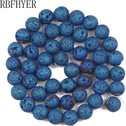 Plating Blue Volcanic Lava Rock Stone Natural Round Loose Beads 15''DIY Bracelet Accessories Jewelry Making 4/6/8/10/12MM