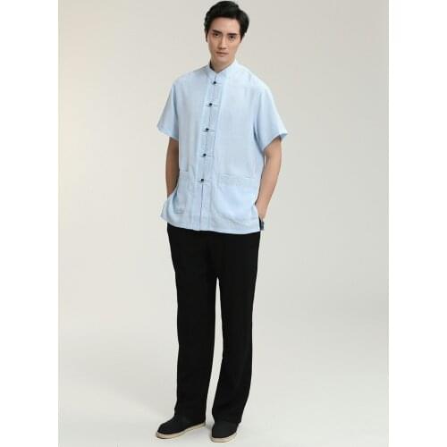 High Quality Cotton Linen Tops Sky Blue Chinese Style Male Dress Shirt Novelty Men Kung Fu Tai Chi Shirts Size M L XL XXL XXXL