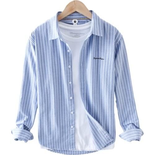 Long Sleeve Shirts for Men Japanese Fashion Striped Tops 100%Cotton Turn-down Collar Vintage Male Clothing