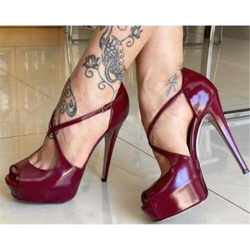 Fashoin Peep Toe Burgundy Patent Leather High Platform Stiletto Heel Pumps Straps Cross Wine Red High Heels Club Shoes