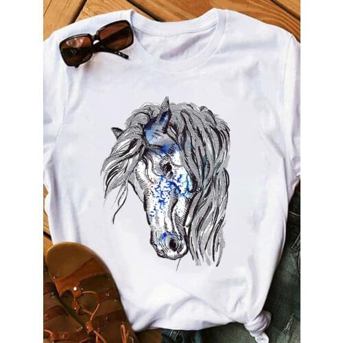 Horse Head Print Women T Shirt Short Sleeve O Neck Loose Women Tshirt Ladies Tee Shirt Tops Clothes Camisetas Mujer