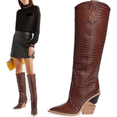 Fashion Runway Knee-High Boots Women Slip-On Leather Chunky Wedges Boots Pointed Toe Western Cowboy Boots Winter Shoes Women