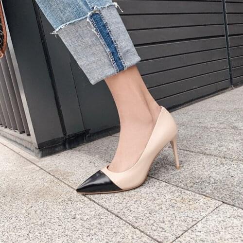 2019 spring and autumn new pointed color matching single shoes high heel stiletto shoes shallow mouth sets of womens shoes leat