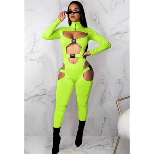 2021 New Women Solid Color Streetwear Jumpsuits Autumn Sexy Long Sleeve Zipper Collar Waist Cut Out Skinny Jumpsuits