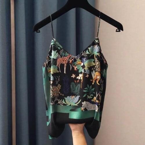 Printed Vest With Straps 2021 National Style Spring Summer Women Sexy Spaghetti Strap Tank Top Vintage Print Chiffon V Neck Top