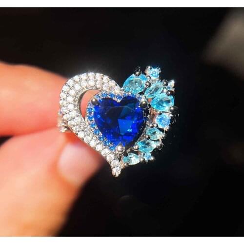 925 Silver New Temperament Simulation Dark Blue Gemstone Adjustable Ring Love Heart-shaped Full Diamond Women Exquisite Jewelry