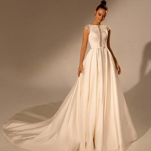 2021 Modest Wedding Dresses for Women Satin Lace A Line Cap Sleeve Bohemian Bridal Gowns Sweep Train Vestidos De Novia