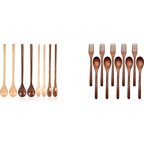8 Pcs Wooden Spoon,Long Handle Wood Spoons Cocktail Mixing Spoons & 10 Pcs Wooden Spoons Forks Set