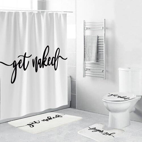 White Bathroom Set “Get Naked” Waterproof Shower Curtain 4 Piece Carpet Cover Toilet Cover Bath Mat Pad For Home Decor