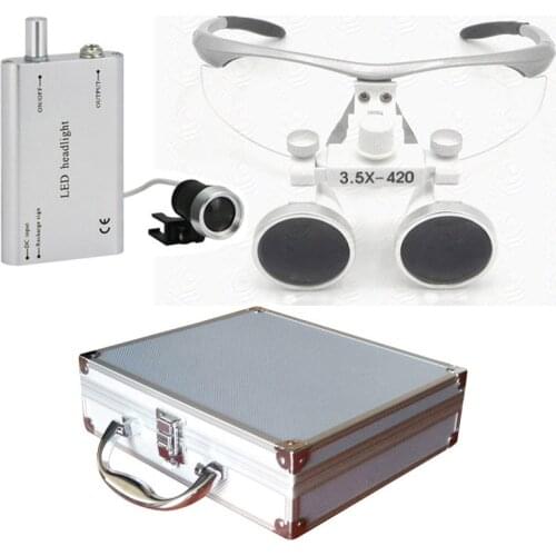 Free Shipping dental loupes new silver magnifying glasses dental and surgical loupes with head light packed in aluminium box
