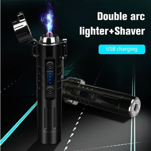 Electric Dual Arc Lighter With Razor Beard Shaver USB Windproof Flameless Plasma Lighters Smoking Accessories For Men Gadgets