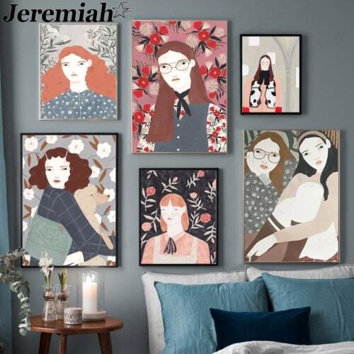 Retro Girl Canvas Painting Fashion Girl with Glasses Poster Wall Art Modern Room Home Decoration Accessories