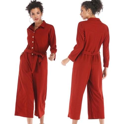 Spring Burgundy One Piece Jumpsuit Street Style Sexy Sashes Solid Straight Women Jumpsuits Turn-down Single Breasted Long Sleeve