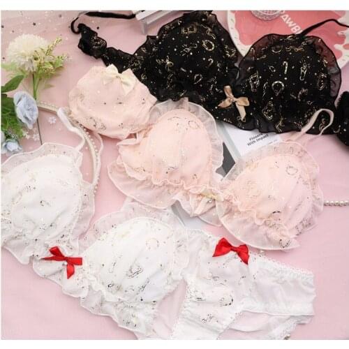 Christmas Golden Print Japanese Bra & Panties Set Thin Underwire Soft Underwear Intimates Set Kawaii Lolita