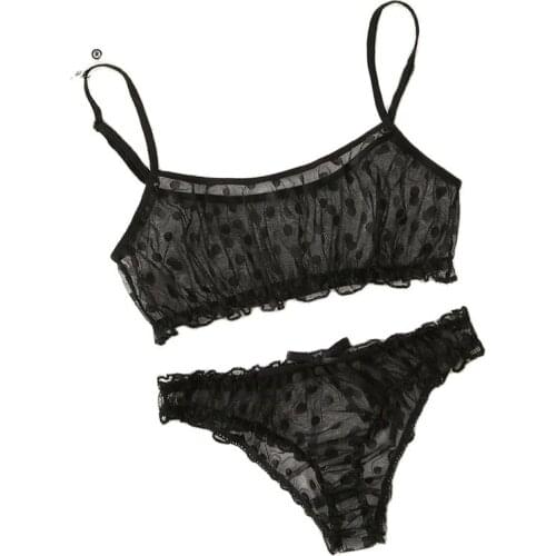 Leechee New Ladies Bra set Polka Dot Mesh Sexy Lingerie Comfortable Thin Bra and Panty set Ruffles Transparent Womens Underwear