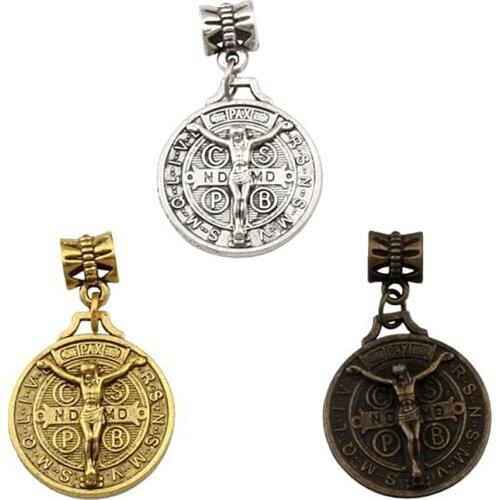 30Pcs/lot Dangle Saint Jesus Benedict Nursia Patron Medal Cross Charm Beads Fit Pendant necklace Jewelry DIY 21.5x35.8mm 3 Color