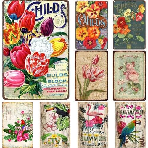 Retro Flower Metal Poster Rose&Tulip Decor Tin Sign Plaque Restaurant Caffee Home Classic Flamingo Decoration Wall Art Plates