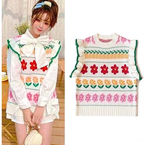 Sweet Cartoon Print Women Knitted Sweaters Sleeveless Vest Pullover Girls Harajuku Cute Loose Jumper Chic Tank Vest SY224