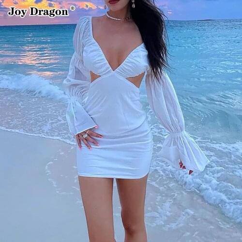 Fashion Autumn Winter New Womens Sexy Long Sleeve Mini Dress Flared Sleeves V Neck Slim Bodycon Party Dresses Female Clothing