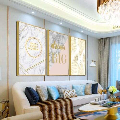 Marbled Golden Leaf Canvas Painting Decoration Poster Living Room Background Wall Hanging Decorations for Home Modern Design