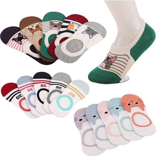 5 Pairs Womens Invisible Boat Socks Creative Animals Cartoon Cat Funny Happy Socks Summer Autumn Low Cut Girl Female Sock Meias