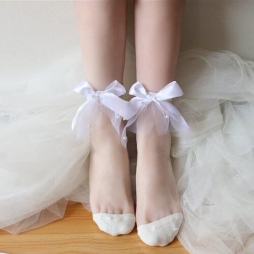 Spring and summer new glass fiber middle tube socks big bow pearl socks Lolita sweet girl socks thin
