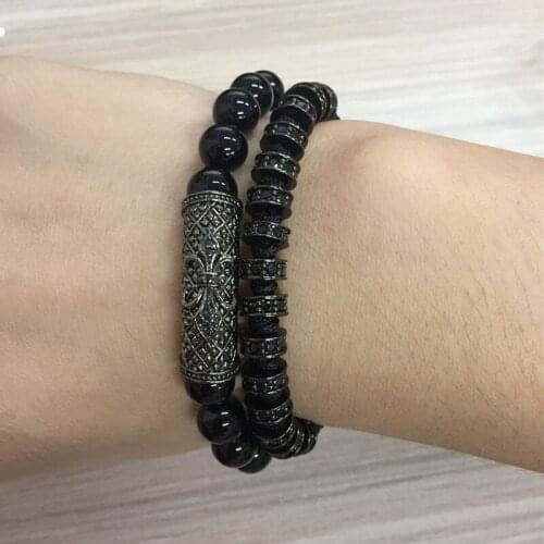 One Set Fashion Jewelry Braided Bracelets Cubic Zirconia Balls Natural Stone Beads Beaded Adjustable Elasticity Bracelets Unisex