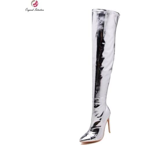 Original Intention Sexy Women Thigh High Boots Fashion Pointed Toe High Heels Boots Silver Ladies Shoes Woman Plus US Size 3-16