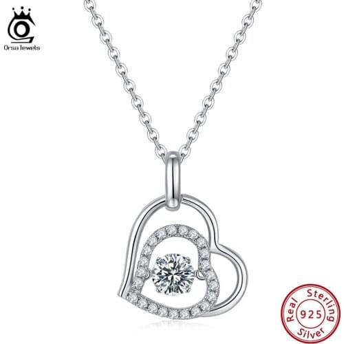 ORSA JEWELS Romantic Heart Pendant Necklace with Dancing Moissanite Stone 925 Silver Charming Womens Wedding Jewelry Gift SMN42