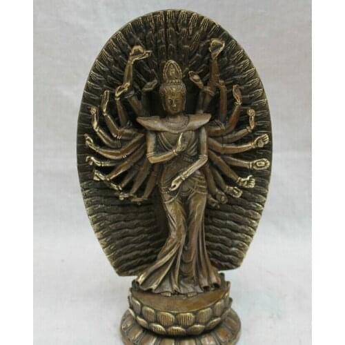 Song voge gem S2730 9" Tibet Bronze Buddhist Stand 1000 Arms Avalokitesvara Kwan-Yin Buddha Statue