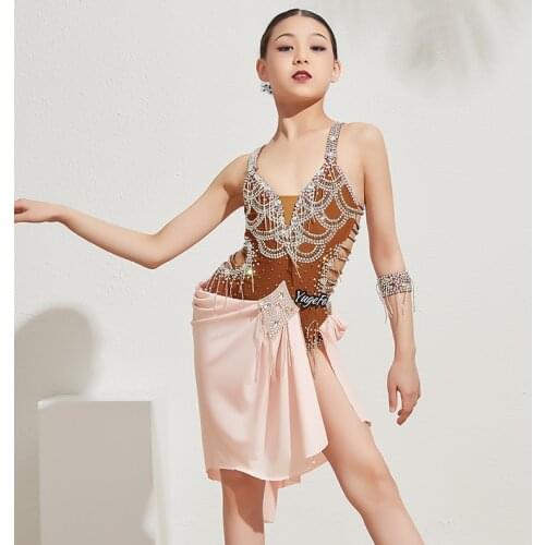 Latin Dance Dress Girls Customized Competition Clothes Professional Diamond Backless Dresses Cha Cha Rumba Samba Wear DNV13359